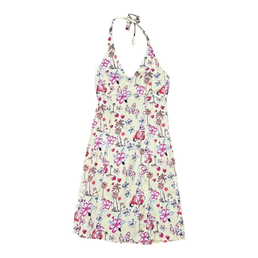 Temptation Hawaiian Luau Hula Dancers Womens Floral Halter Dress Retro Print S